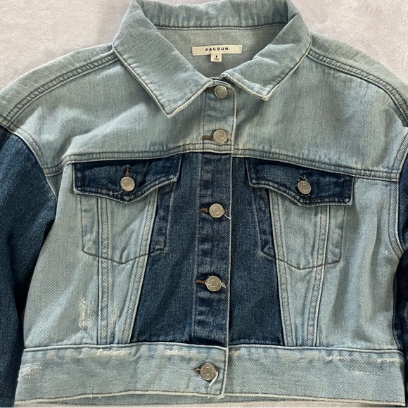PacSun Y2K Style Blue Denim Cropped Jacket Distressed BOHO Patchwork Small - Picture 3 of 9